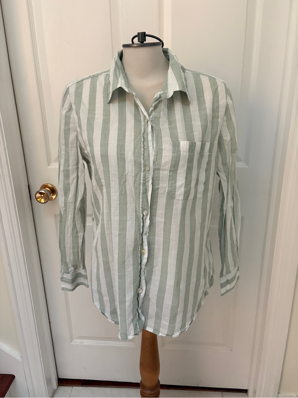 Lola River Women's Sage Green and White Striped Button-Down Shirt